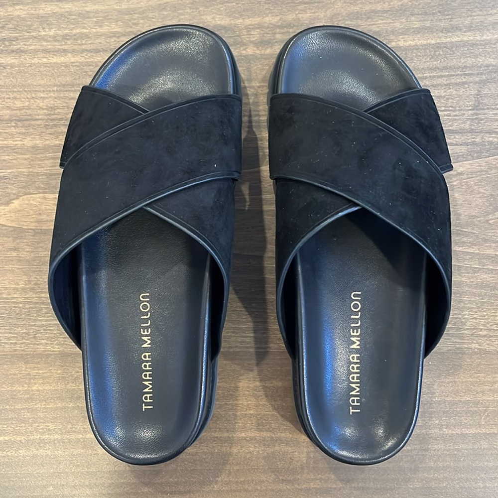 New in box; never worn - Tamara Mellon black suede lug sole sandals